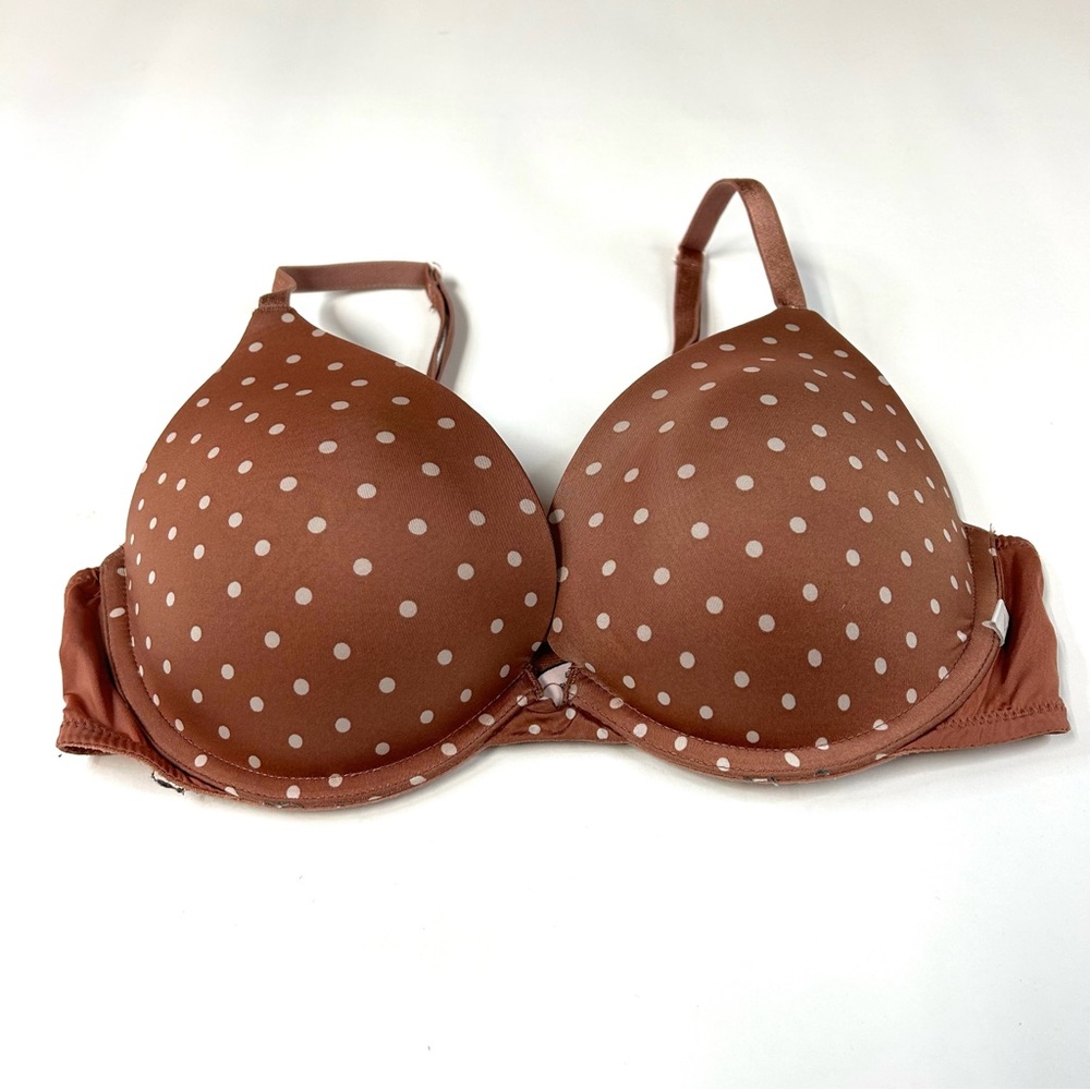 Victorias Secret 32D Pushup Bra Padded Brown White Polkadots Underwire #1723